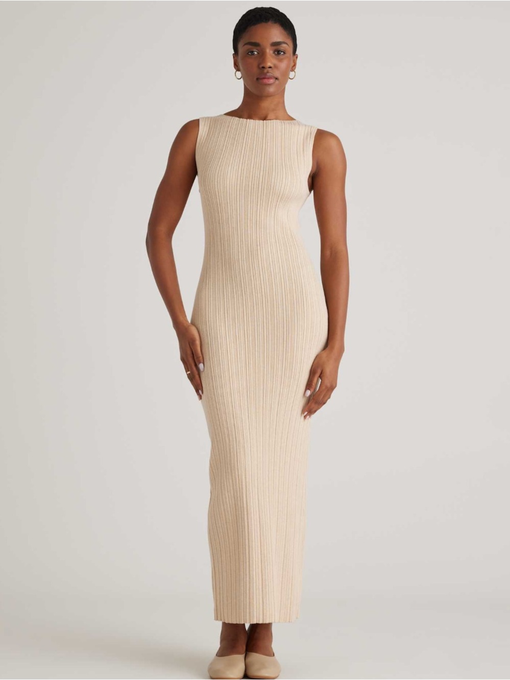 Quince cashmere ribbed sleeveless midi dress tan cream cashmere blend NWOT oat